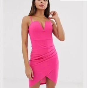 Elegant Deep Plunge mini dress with wrap skirt in Pink